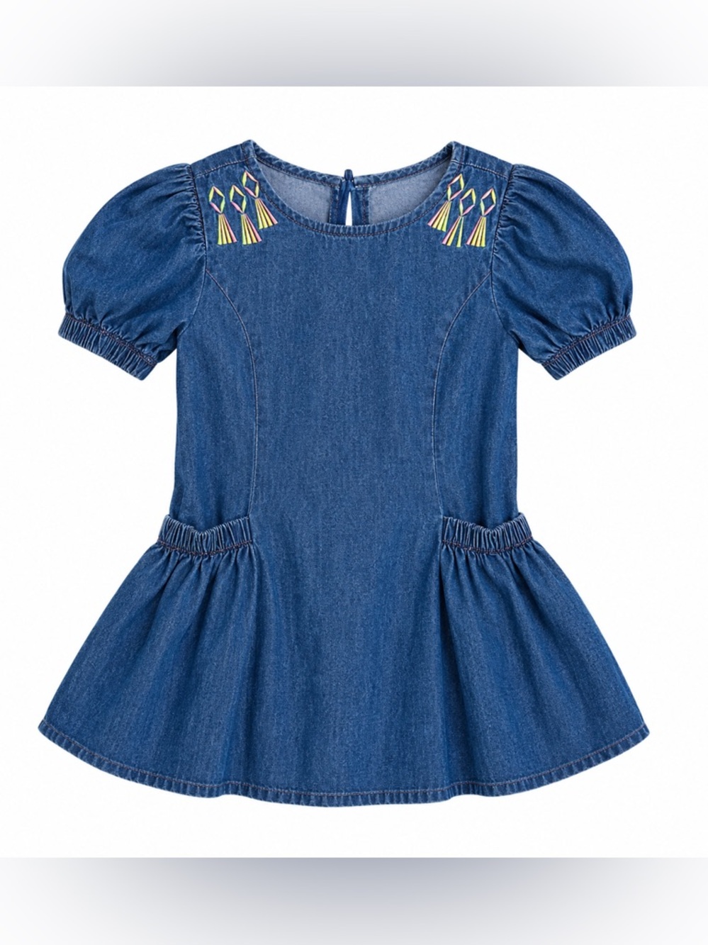 Peek Girls Blue Chambray Embroidered Dress Size 4-5 Puff Sleeve Tassels